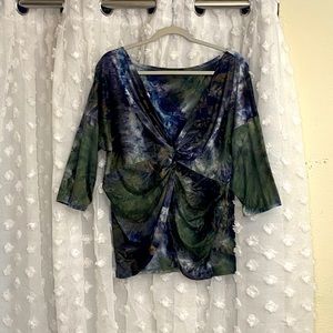 FASHION NOVA Green / Black / Blue Tie Dye Twist Knot Back Quarter Sleeve Sweater